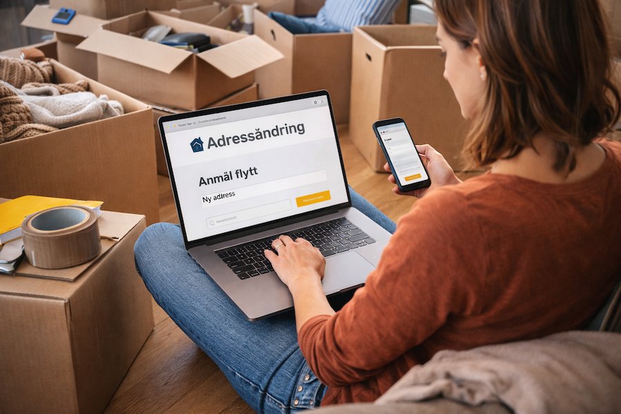 person-gor-adressandring-och-packar-infor-flytt-16×9 Person som gör adressändring online på laptop och mobil medan flyttkartonger och packmaterial står framme inför flytt i ett hem.